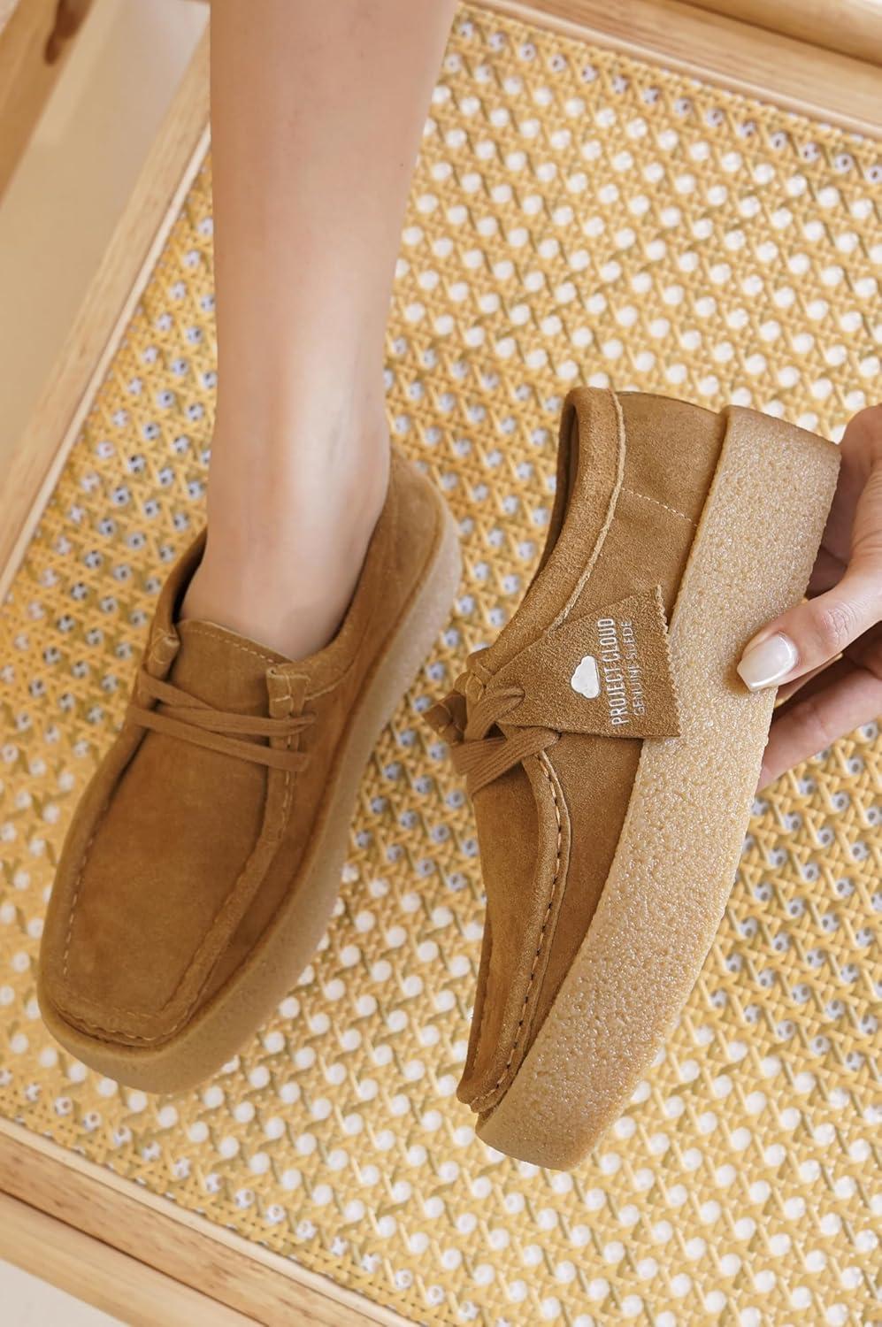 imageProject Cloud 100 Genuine Leather Womens Shoes NonSlip Platform Loafers for Women with Memory Foam Insole Stylish Oxford Fall Shoes for Women 2025 WALLYCHUNKYTan Suede