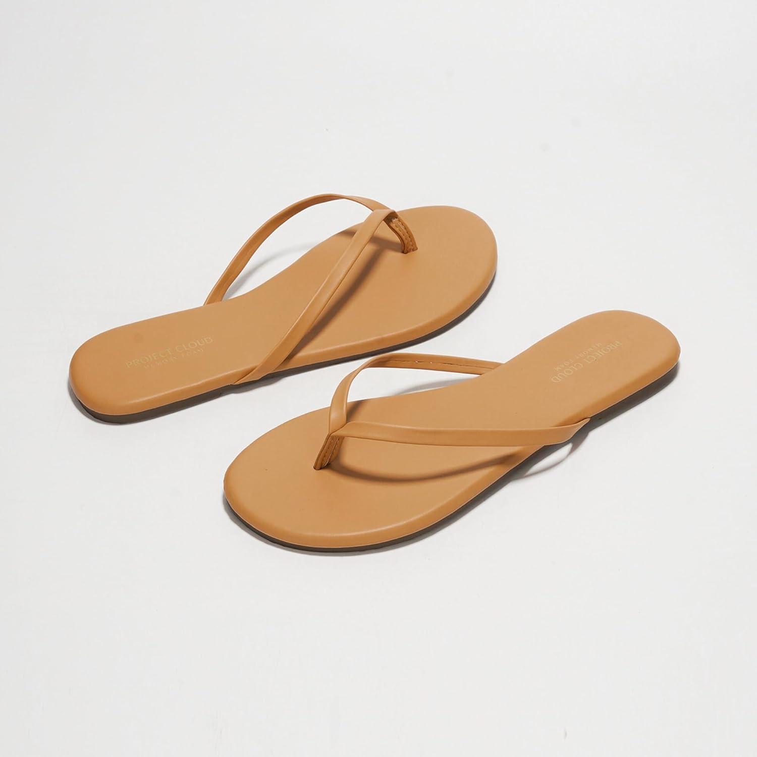 imageProject Cloud Flip Flops for Women Memory Foam Flats Summer Sandals for Women 2025 Vegan Leather Lightweight Womens Sandals Summer Beach Essentials SlidesTan