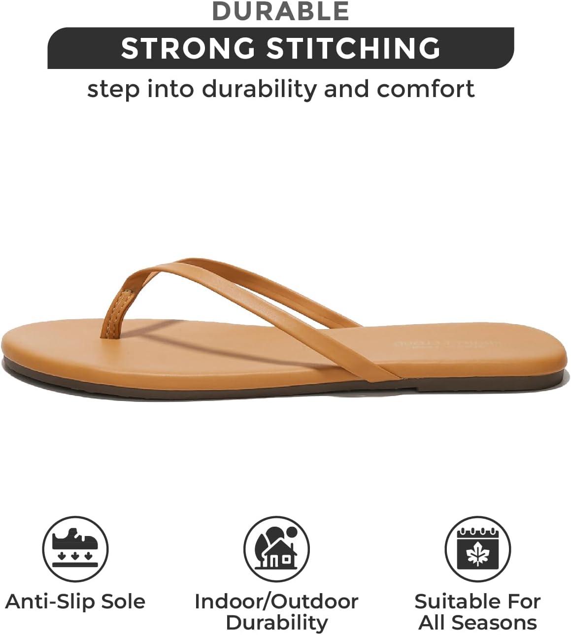imageProject Cloud Flip Flops for Women Memory Foam Flats Summer Sandals for Women 2025 Vegan Leather Lightweight Womens Sandals Summer Beach Essentials SlidesTan