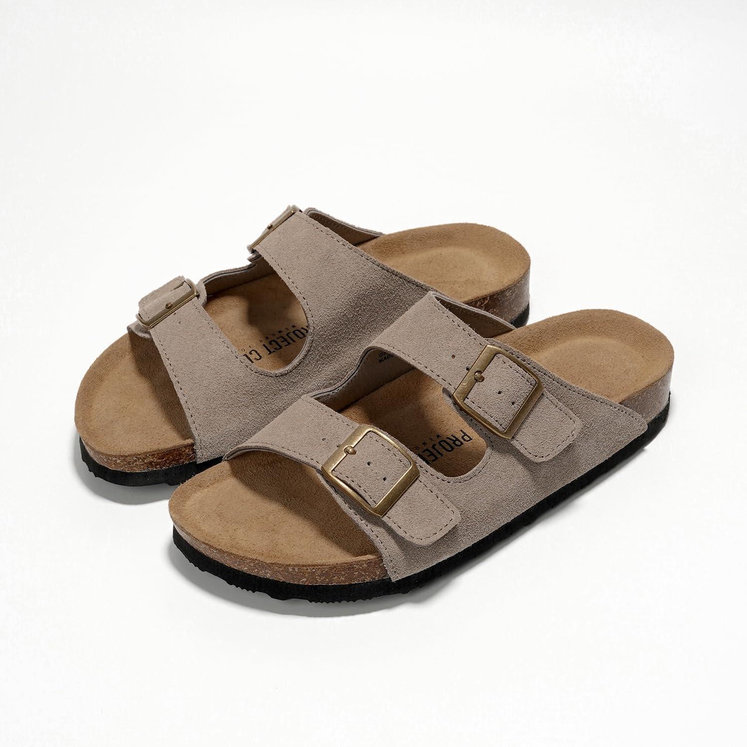 imageProject Cloud Genuine Leather Flat Sandals Women 2025 Beach Essentials Womens Sandals Memory Foam Vacation Essentials Slides for Women Footwear VenitaGrey Suede