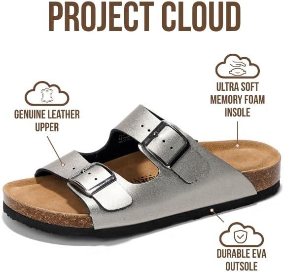 imageProject Cloud Genuine Leather Flat Sandals Women 2025 Beach Essentials Womens Sandals Memory Foam Vacation Essentials Slides for Women Footwear VenitaPewter