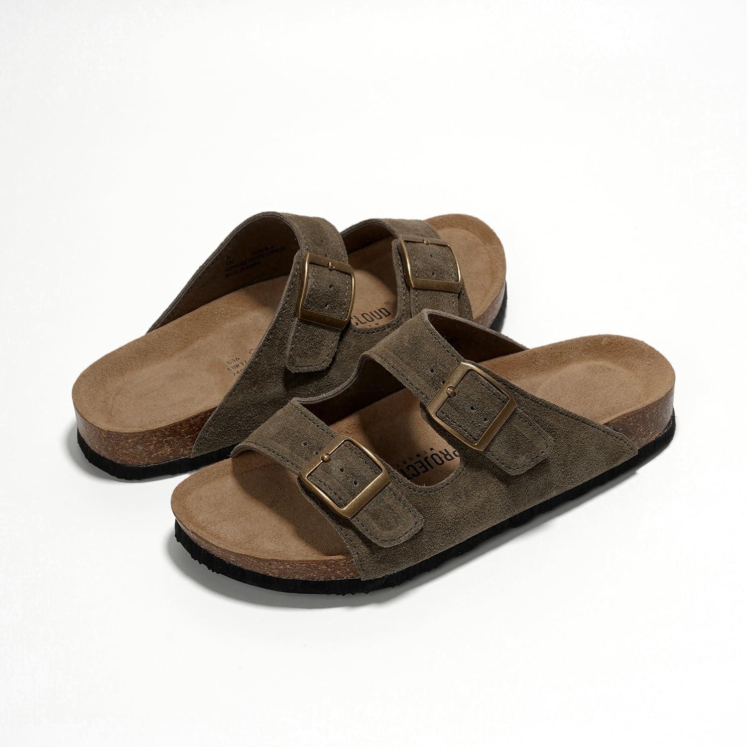 imageProject Cloud Genuine Leather Flat Sandals Women 2025 Beach Essentials Womens Sandals Memory Foam Vacation Essentials Slides for Women Footwear VenitaOlive Suede