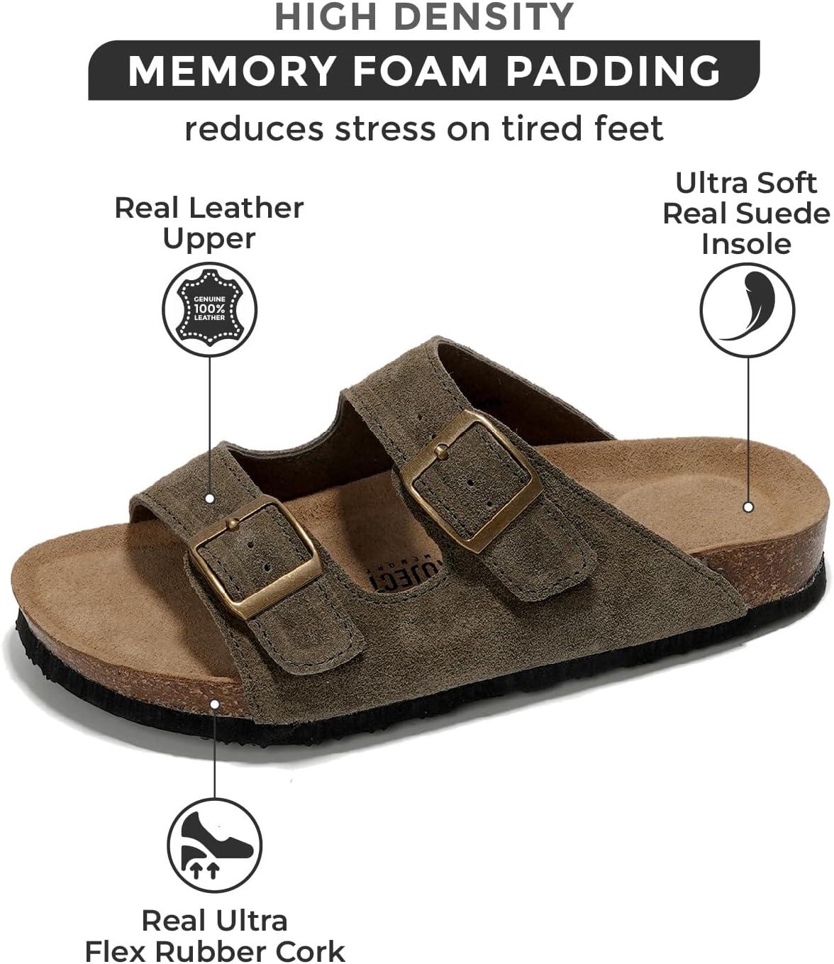 imageProject Cloud Genuine Leather Flat Sandals Women 2025 Beach Essentials Womens Sandals Memory Foam Vacation Essentials Slides for Women Footwear VenitaOlive Suede