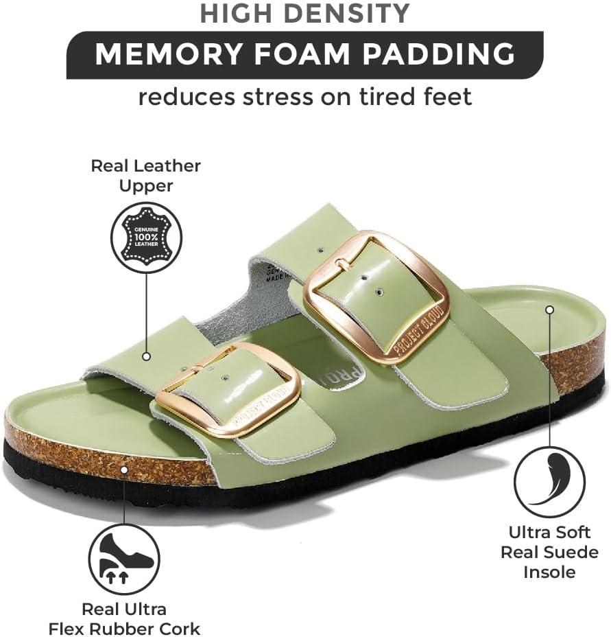 imageProject Cloud Genuine Leather Flat Sandals for Women 2025 Comfortable Beach Essentials Womens Sandals Memory Foam Vacation Essentials Slides for Women Footwear SantoriniPistachio