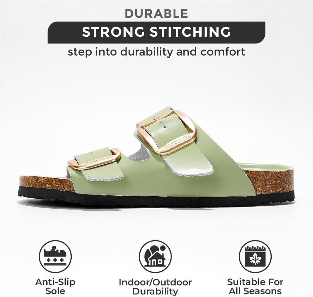 imageProject Cloud Genuine Leather Flat Sandals for Women 2025 Comfortable Beach Essentials Womens Sandals Memory Foam Vacation Essentials Slides for Women Footwear SantoriniPistachio