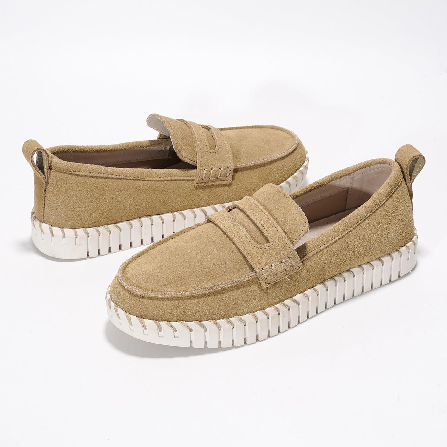 imageProject Cloud Genuine Leather Loafers for Women Memory Foam Womens Shoes Non Slip Spring Loafers Flexible Sole Fashion Shoes for Women 2025 Filide BEIG 85