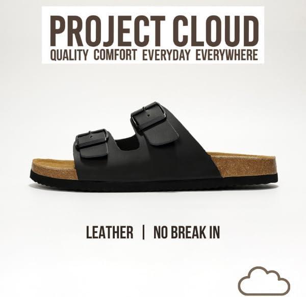 imageProject Cloud Genuine Leather Mens Sandals with Memory Foam Natural Cork Footbed Slides for Men Footwear NonSlip DoubleStrap Buckle Summer Sandals ArizonaBlack Matte