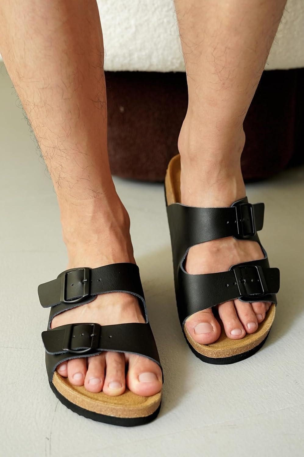 imageProject Cloud Genuine Leather Mens Sandals with Memory Foam Natural Cork Footbed Slides for Men Footwear NonSlip DoubleStrap Buckle Summer Sandals ArizonaBlack Matte