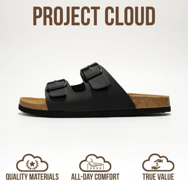 imageProject Cloud Genuine Leather Mens Sandals with Memory Foam Natural Cork Footbed Slides for Men Footwear NonSlip DoubleStrap Buckle Summer Sandals ArizonaBlack Matte