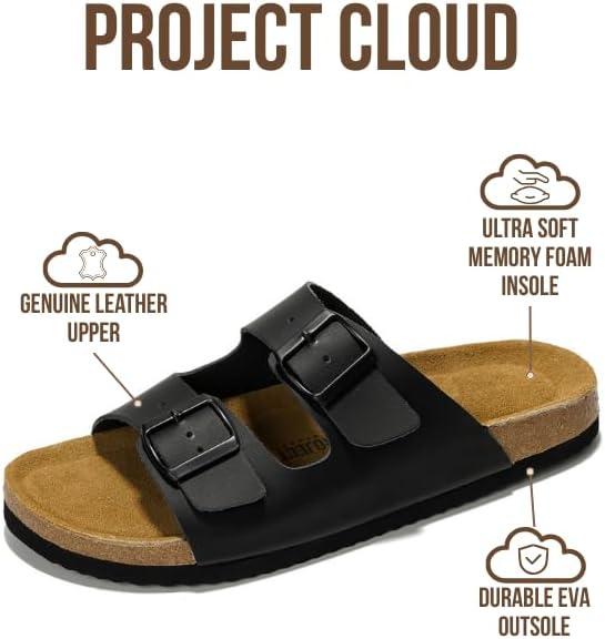 imageProject Cloud Genuine Leather Mens Sandals with Memory Foam Natural Cork Footbed Slides for Men Footwear NonSlip DoubleStrap Buckle Summer Sandals ArizonaBlack Matte
