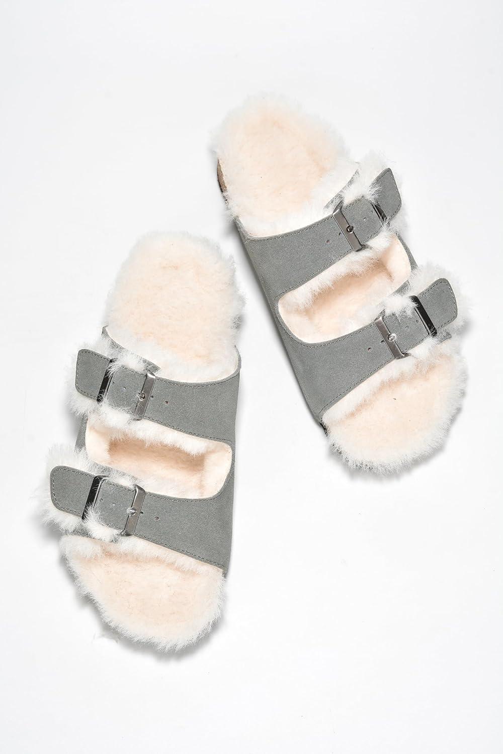 imageProject Cloud Genuine Suede House Slippers for Women Cozy Womens Sandals Shearling Fur Lining Slides Adjustable Straps Sandals for Women 2025 DianeaGrey