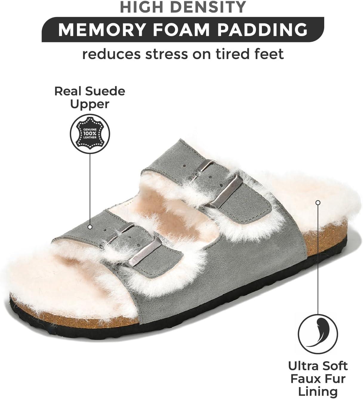 imageProject Cloud Genuine Suede House Slippers for Women Cozy Womens Sandals Shearling Fur Lining Slides Adjustable Straps Sandals for Women 2025 DianeaGrey