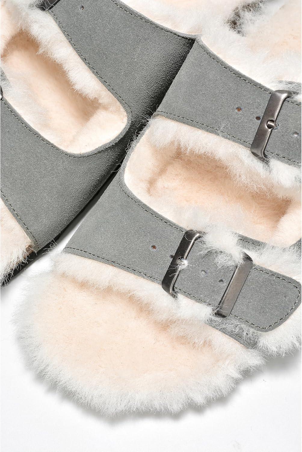 imageProject Cloud Genuine Suede House Slippers for Women Cozy Womens Sandals Shearling Fur Lining Slides Adjustable Straps Sandals for Women 2025 DianeaGrey
