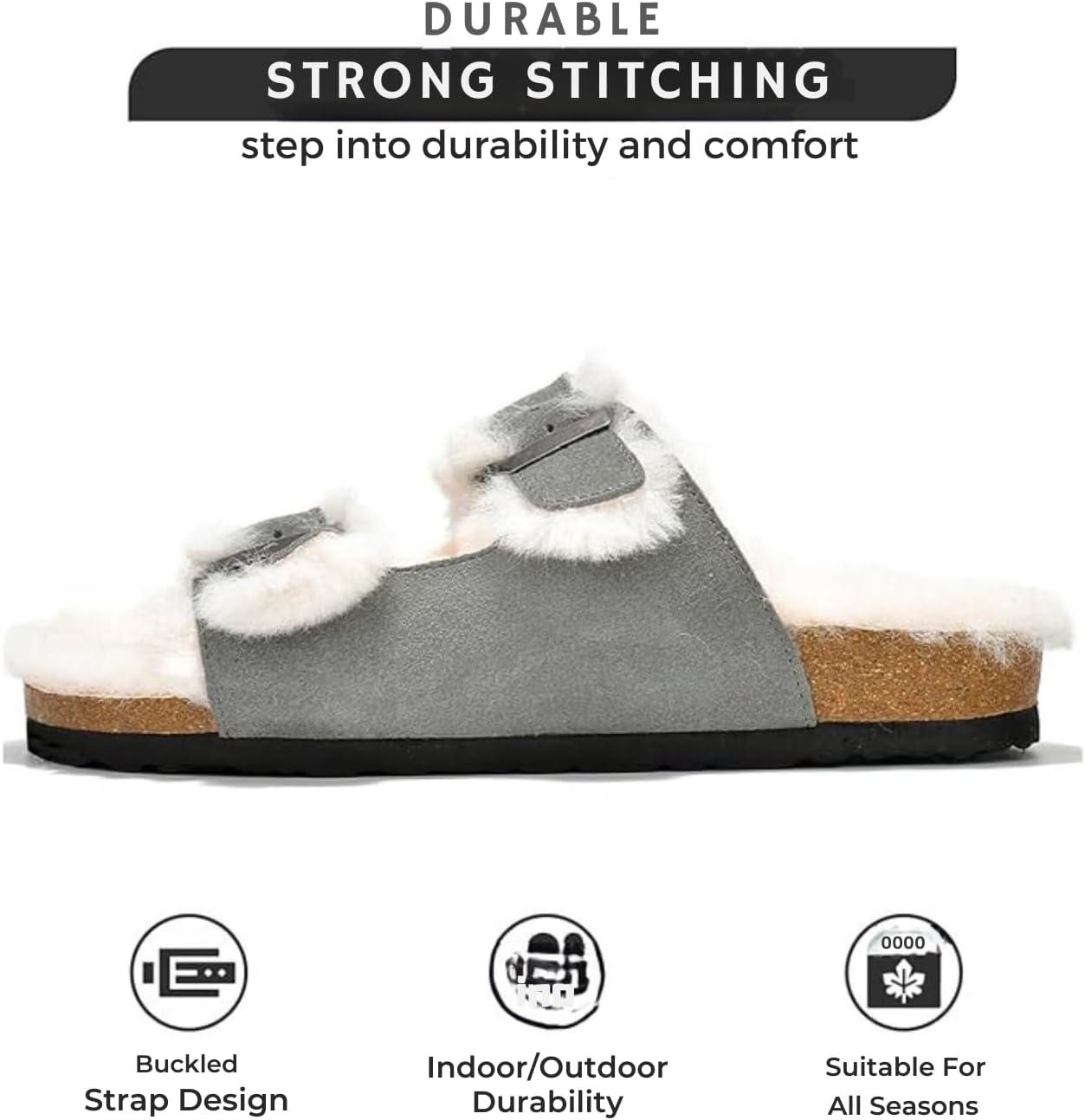imageProject Cloud Genuine Suede House Slippers for Women Cozy Womens Sandals Shearling Fur Lining Slides Adjustable Straps Sandals for Women 2025 DianeaGrey