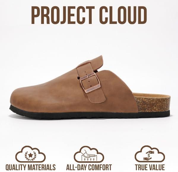 imageProject Cloud Mens Clogs 100 Full Grain Genuine Leather Memory Foam Clogs for Men Arch Support Cork Footbed Non Slip Platform Mules BrooklynCognac Distressed