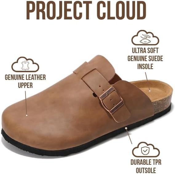 imageProject Cloud Mens Clogs 100 Full Grain Genuine Leather Memory Foam Clogs for Men Arch Support Cork Footbed Non Slip Platform Mules BrooklynCognac Distressed
