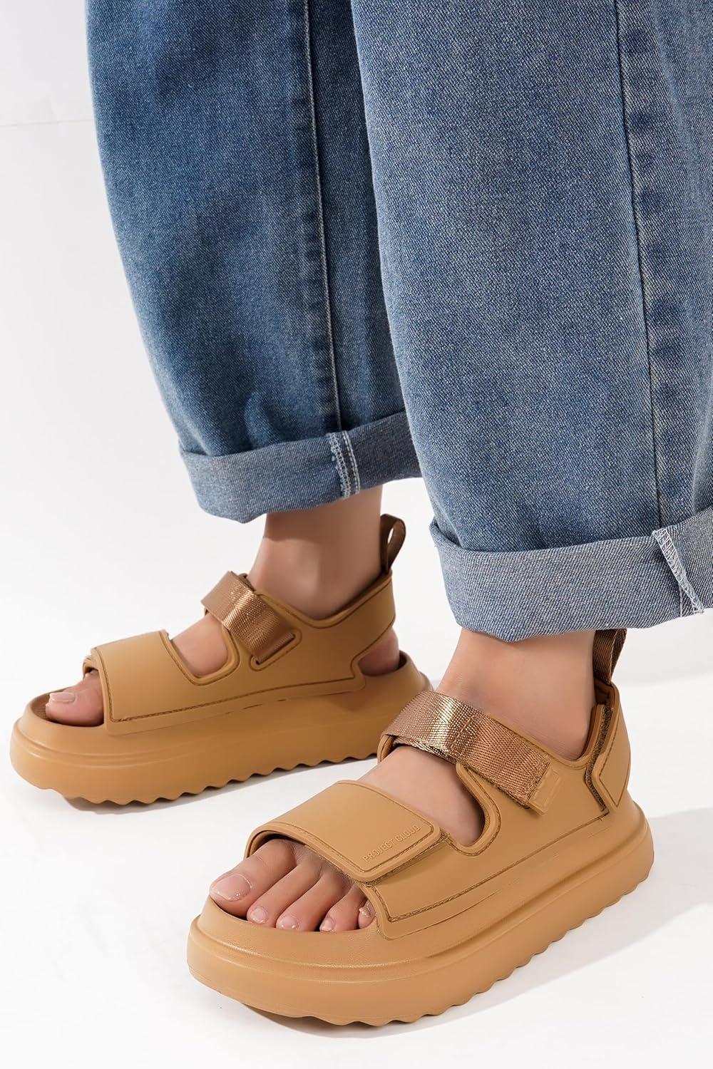 imageProject Cloud Platform Sandals for Women 2025 Memory Foam Insole Lightweight ampamp SlipResistant Womens Sandals Stylish BeachReady Waterproof Women Footwear GoldieLight Brown