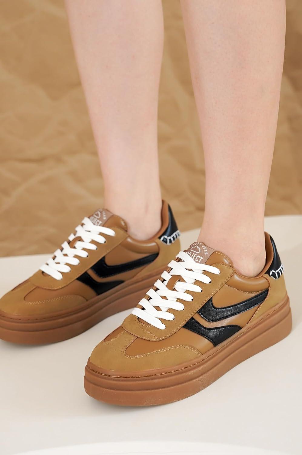 imageProject Cloud Platform Sneakers for Women Footwear Memory Foam Insole Womens Shoes Lightweight and NonSlip Sole Lace Up Fashion Sneakers DodgeTan