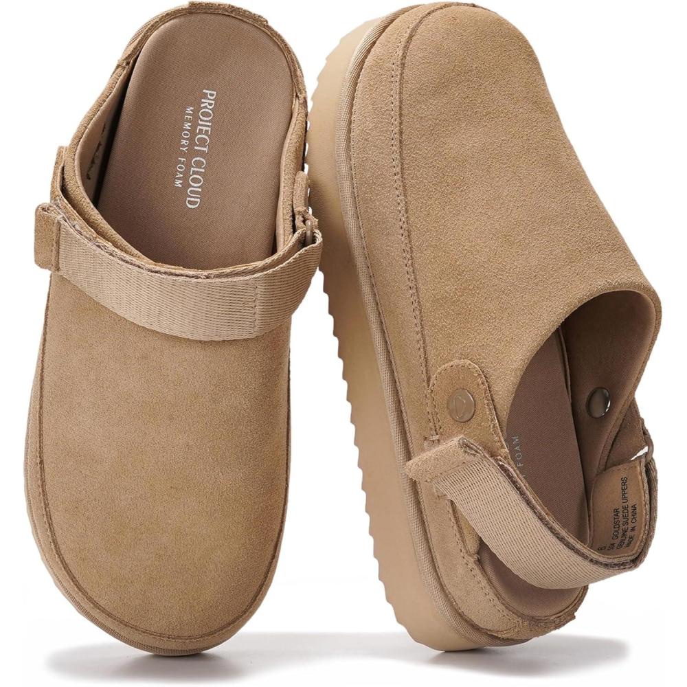 imageProject Cloud 100 Genuine Leather Clogs for Women  Memory Foam Womens Clogs ampamp Mules with Adjustable Straps  Lightweight Platform Shoes NonSlip Slides GoldstarSand