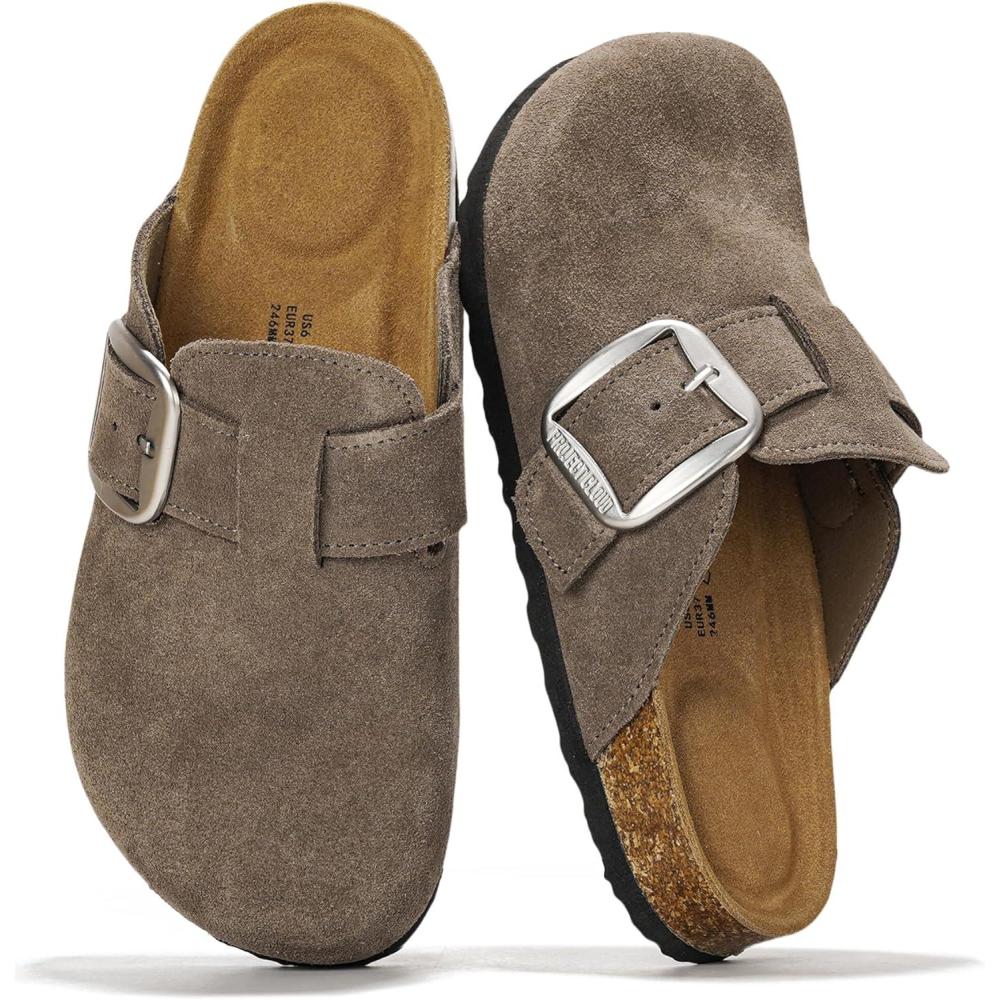 imageProject Cloud 100 Genuine Leather Clogs for Women Shoes  Memory Foam Insole NonSlip ampamp Natural Cork Footbed Arch Support Big Buckle Womens Clogs and Mules Footwear ManchesterMushroom Suede