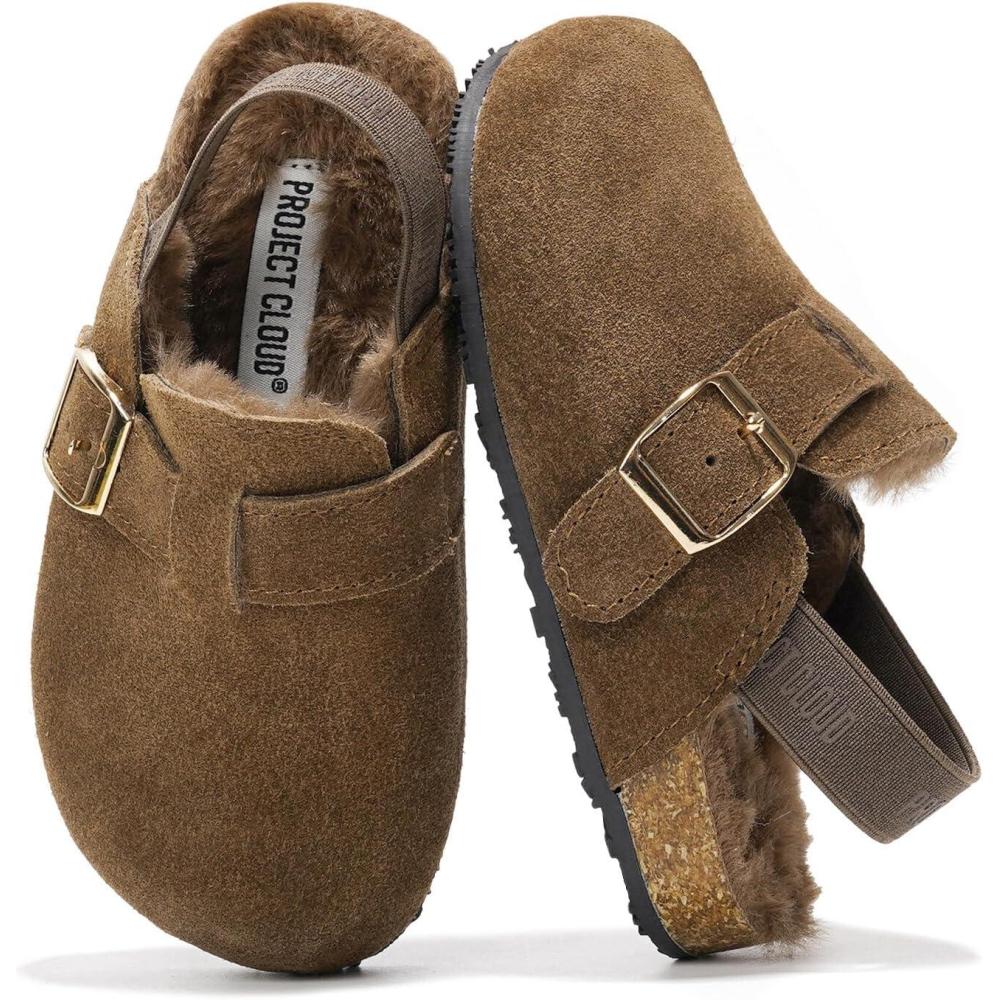 imageProject Cloud 100 Genuine Leather Kids Clogs with Cork Footbed Arch Support  NonSlip Slippers ampamp Sandals for Boys ampamp Girls FootwearBrown Fur Lined