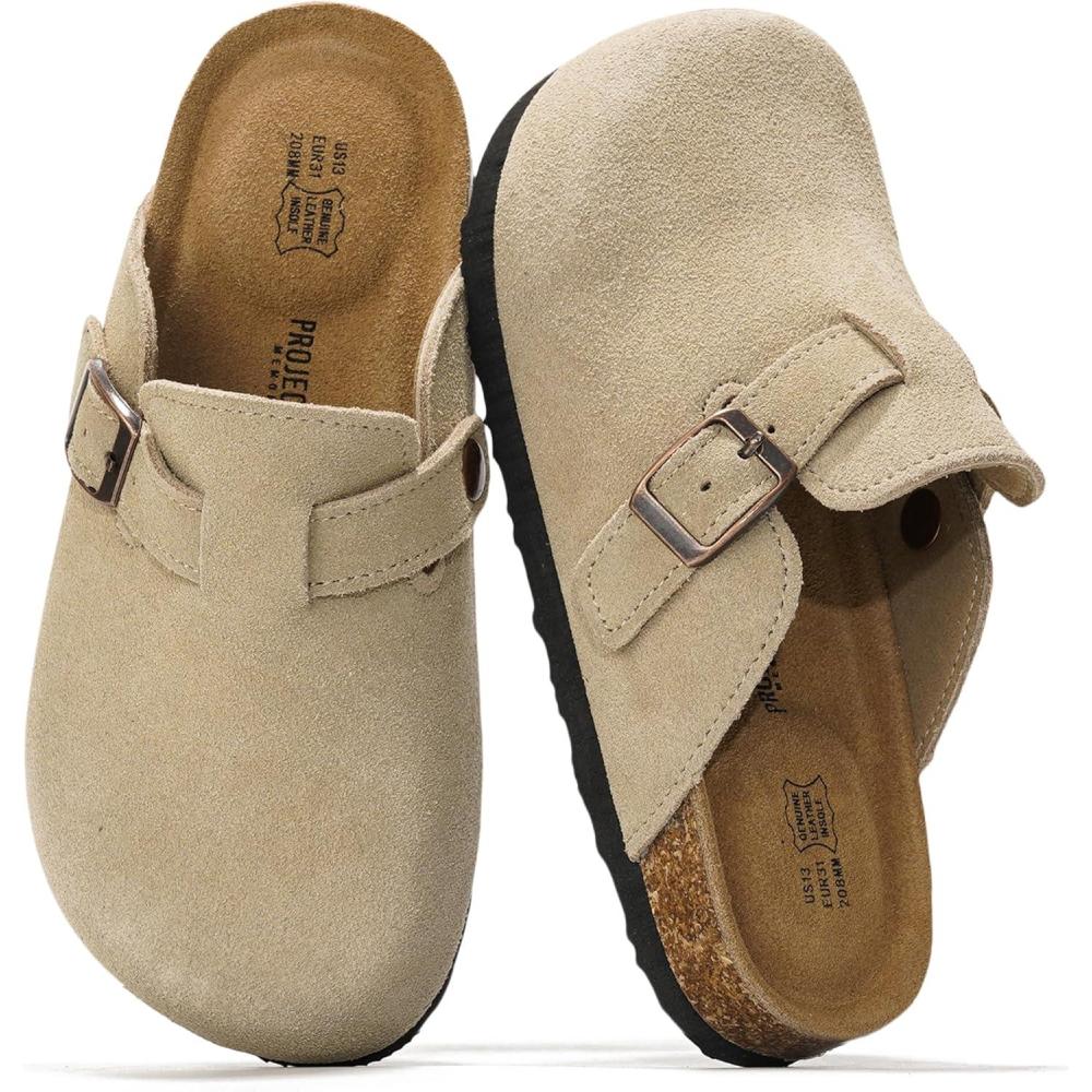 imageProject Cloud 100 Genuine Leather Kids Clogs with Cork Footbed Arch Support  NonSlip Slippers ampamp Sandals for Boys ampamp Girls FootwearTaupe Suede