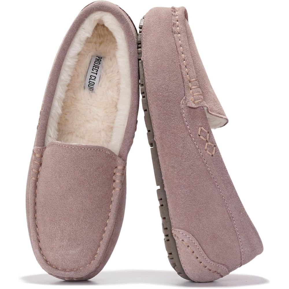 imageProject Cloud 100 Genuine Leather Slippers for Women Fur Lined Outdoor Slippers for Women Footwear with Memory Foam Stylish Womens Moccasin CathiDark Pink Suede