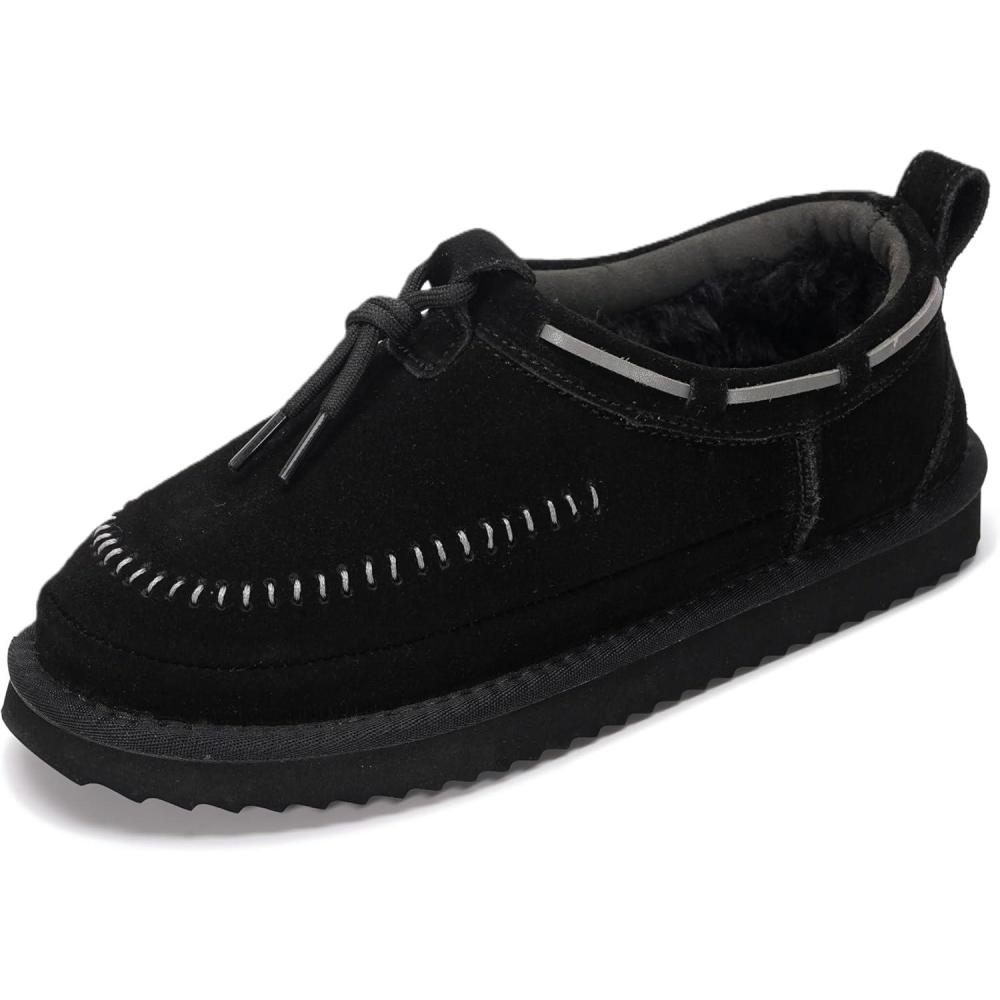 imageProject Cloud 100 Genuine Leather Slippers for Women  Plush Fleece Lining Moccassin Womens Slippers with Memory Foam Cushion  Indoor Outdoor Fuzzy Women Slip On Shoes TimberBlack Suede