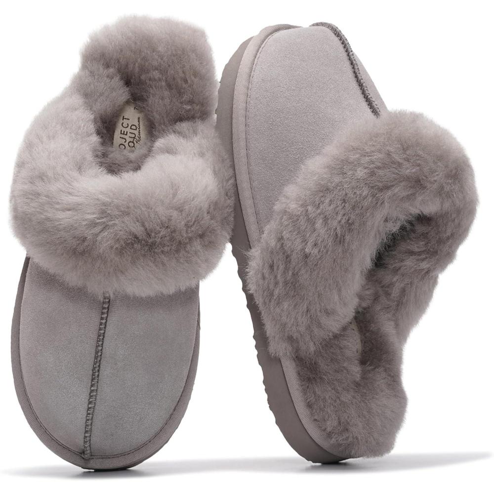 imageProject Cloud 100 Genuine Leather Slippers for Women Footwear with Genuine Fur Lining Womens Clogs ampamp Mule  NonSlip IndoorOutdoor Scuff Womens Slippers with Memory Foam Insole HenkaGrey
