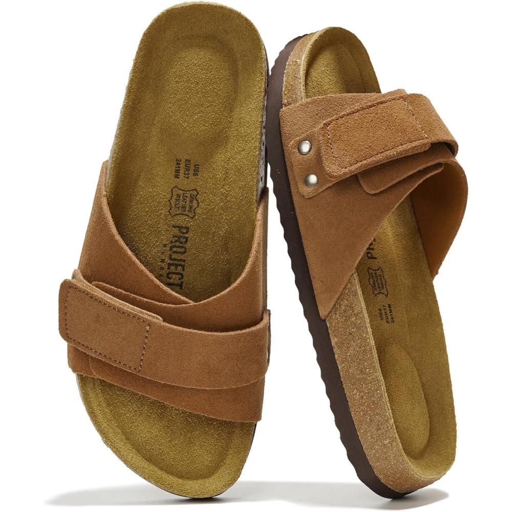 imageProject Cloud 100 Genuine Leather Womens Sandals  Memory Foam Slipper Women Vacation Essentials with Adjustable Straps  Non Slip Sandals for Women 2025 WrenChestnut