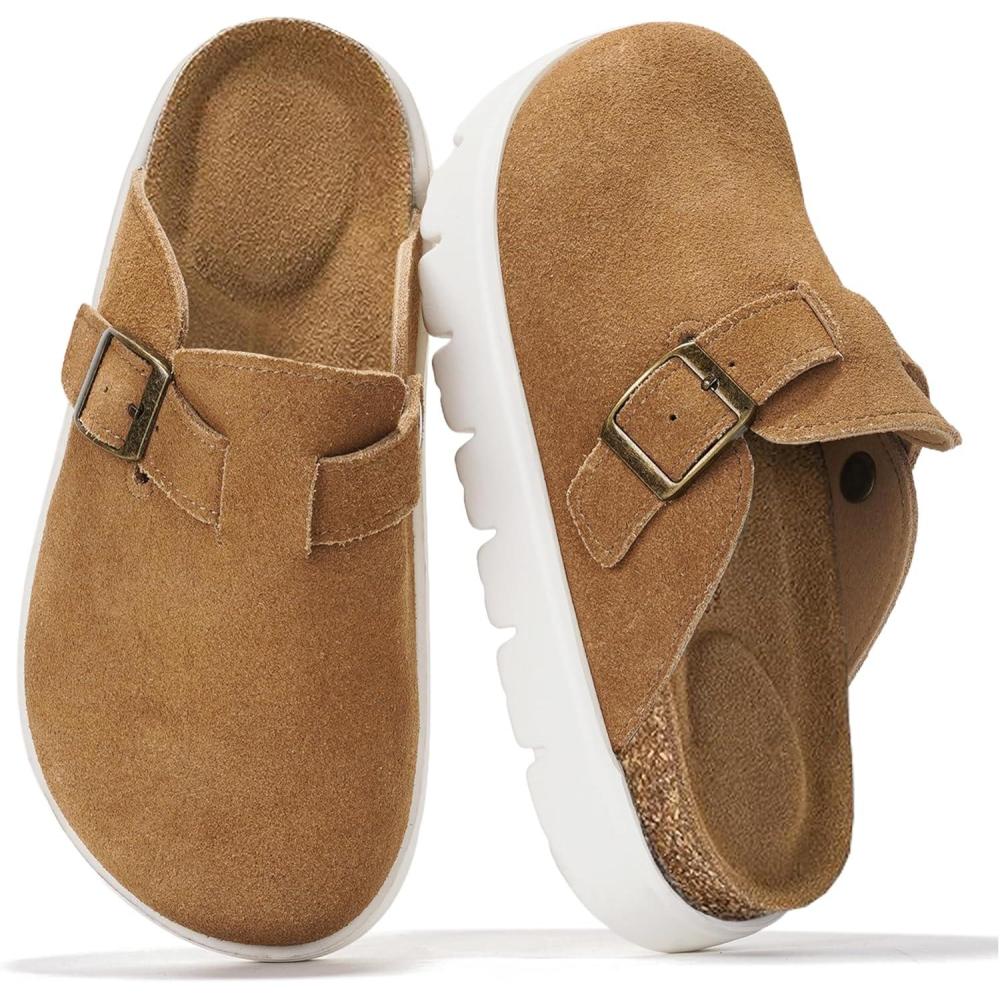 imageProject Cloud Chunky Kids Clogs  100 Genuine Leather Clogs for Kids with Cork Footbed ampamp Arch Support  NonSlip Mules ampamp Sandals for Girls Footwear Little BentonChunkyChestnut Suede