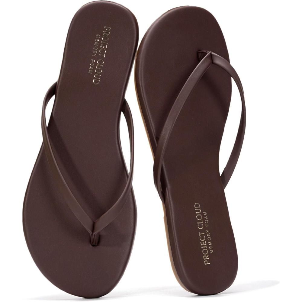 imageProject Cloud Flip Flops for Women  Memory Foam Flats Summer Sandals for Women 2025  Vegan Leather Lightweight Womens Sandals Summer Beach Essentials SlidesDark Chocolate
