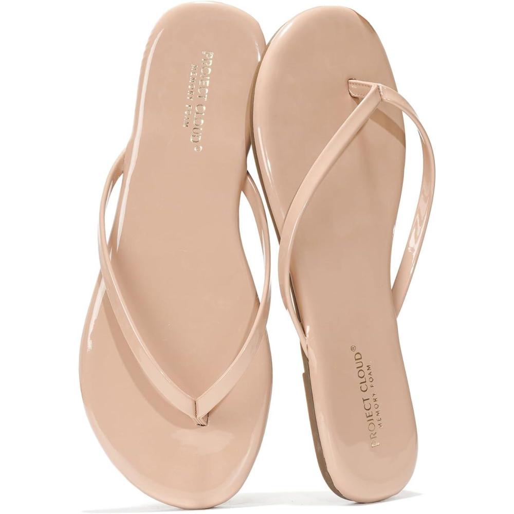 imageProject Cloud Flip Flops for Women  Memory Foam Flats Summer Sandals for Women 2025  Vegan Leather Lightweight Womens Sandals Summer Beach Essentials SlidesTaupe Patent