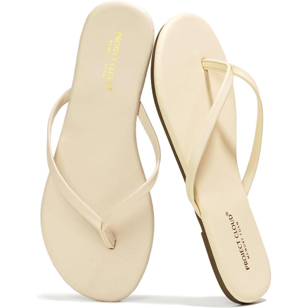 imageProject Cloud Flip Flops for Women  Memory Foam Flats Summer Sandals for Women 2025  Vegan Leather Lightweight Womens Sandals Summer Beach Essentials SlidesBone