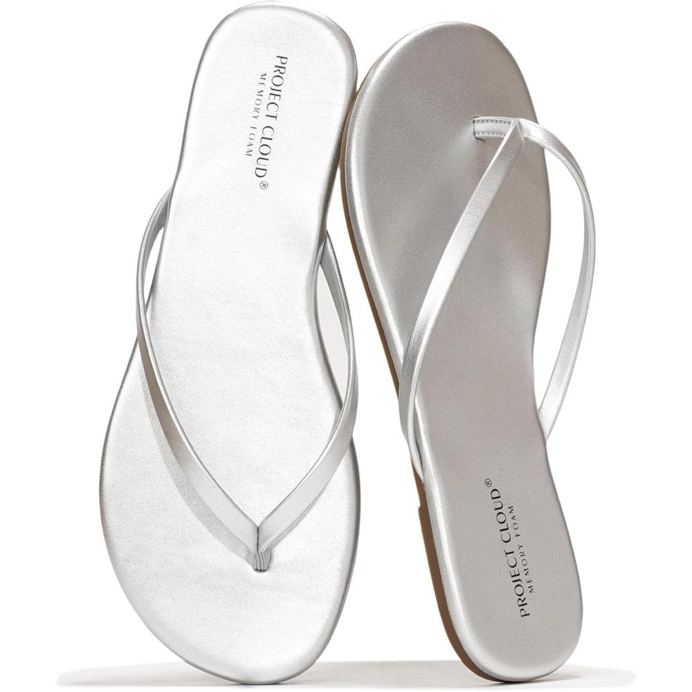 imageProject Cloud Flip Flops for Women Memory Foam Flats Summer Sandals for Women 2025 Vegan Leather Lightweight Womens Sandals Summer Beach Essentials SlidesSilver Metallic