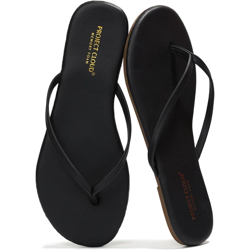 imageProject Cloud Flip Flops for Women  Memory Foam Flats Summer Sandals for Women 2025  Vegan Leather Lightweight Womens Sandals Summer Beach Essentials SlidesBlack