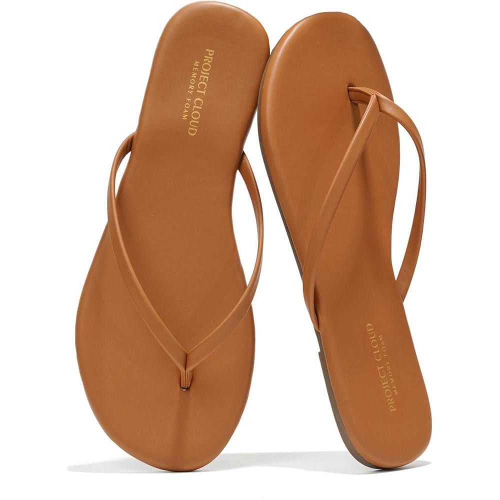 imageProject Cloud Flip Flops for Women  Memory Foam Flats Summer Sandals for Women 2025  Vegan Leather Lightweight Womens Sandals Summer Beach Essentials SlidesCognac
