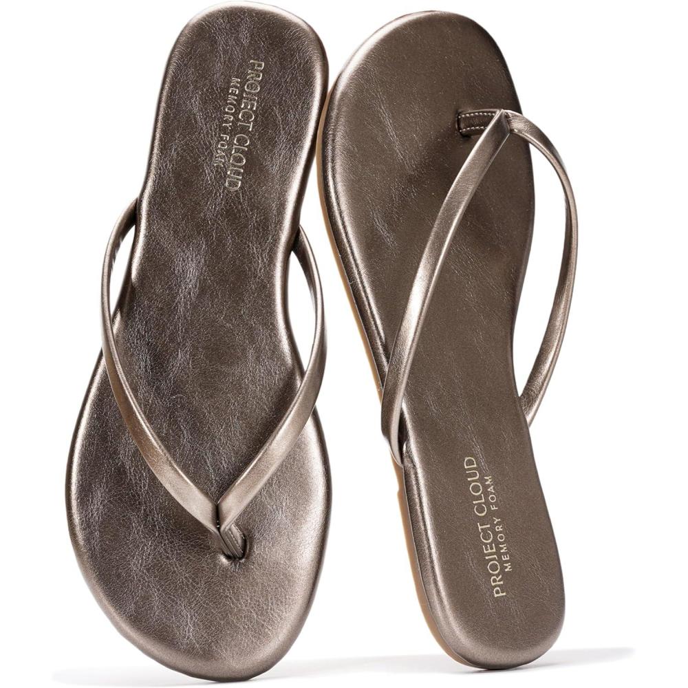 imageProject Cloud Flip Flops for Women  Memory Foam Flats Summer Sandals for Women 2025  Vegan Leather Lightweight Womens Sandals Summer Beach Essentials SlidesBronze