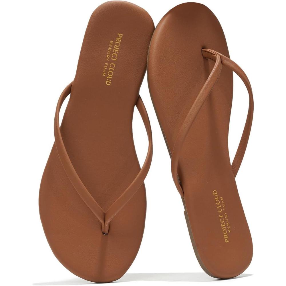 imageProject Cloud Flip Flops for Women  Memory Foam Flats Summer Sandals for Women 2025  Vegan Leather Lightweight Womens Sandals Summer Beach Essentials SlidesChocolate