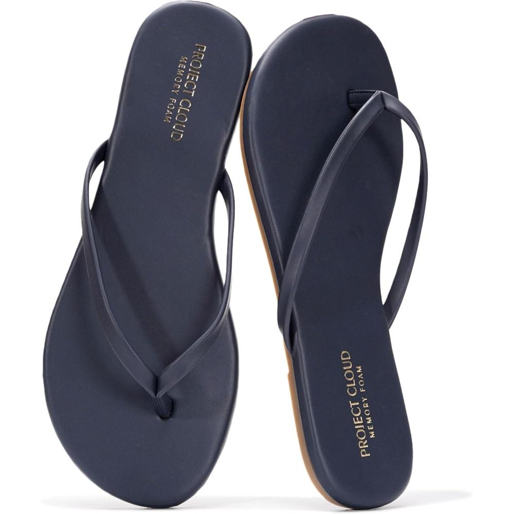 imageProject Cloud Flip Flops for Women  Memory Foam Flats Summer Sandals for Women 2025  Vegan Leather Lightweight Womens Sandals Summer Beach Essentials SlidesDark Navy