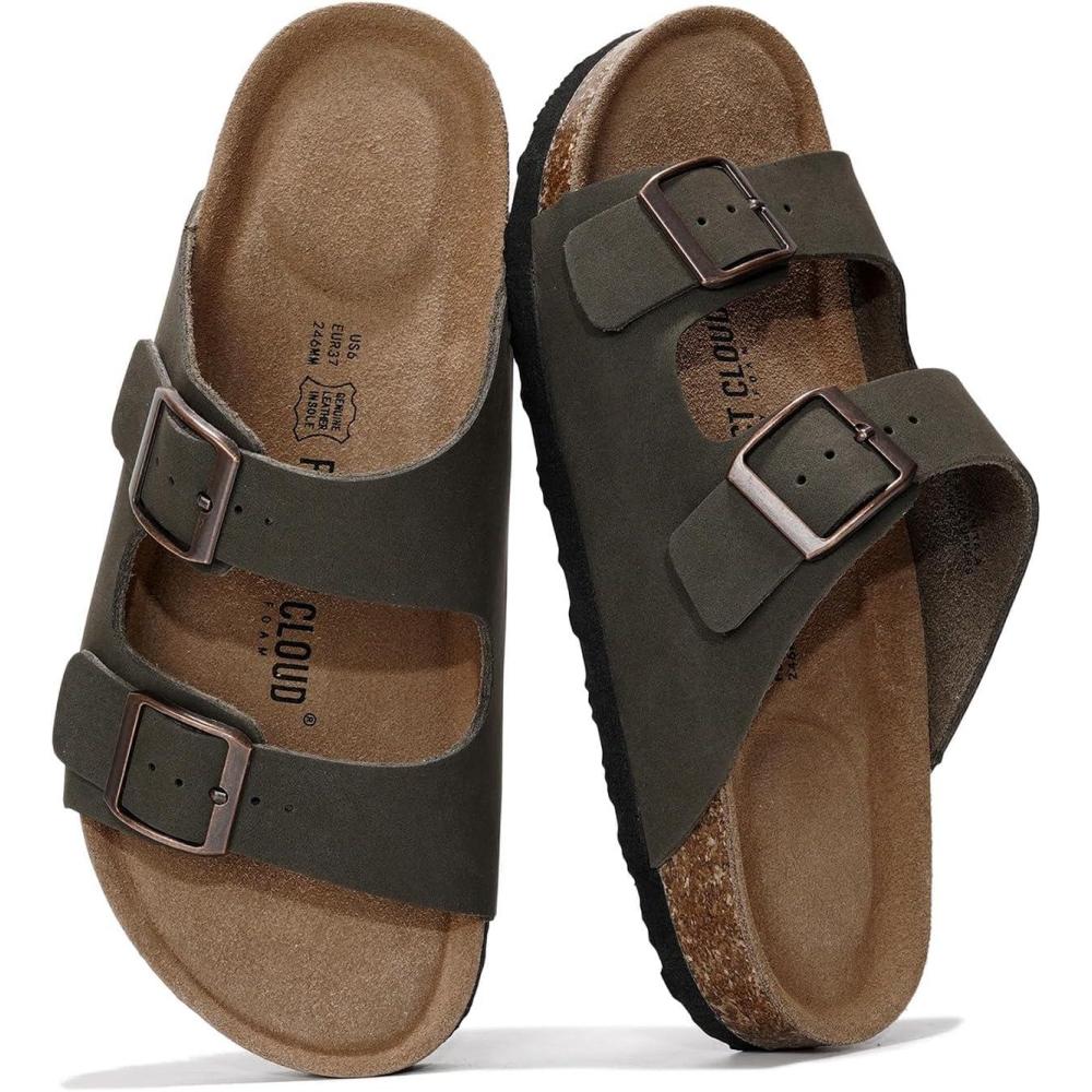 imageProject Cloud Genuine Leather Flat Sandals Women 2025 Beach Essentials Womens Sandals Memory Foam Vacation Essentials Slides for Women Footwear VenitaOlive