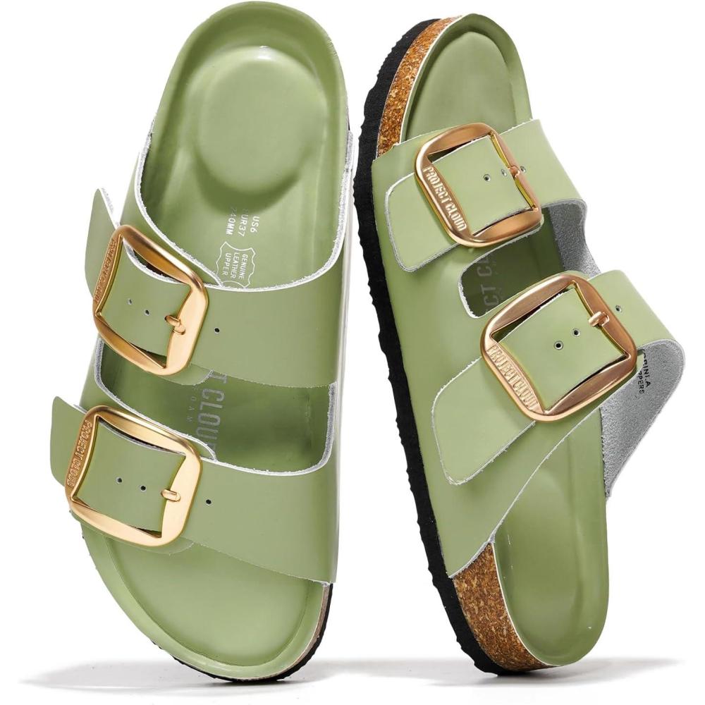 imageProject Cloud Genuine Leather Flat Sandals for Women 2025 Comfortable Beach Essentials Womens Sandals Memory Foam Vacation Essentials Slides for Women Footwear SantoriniPistachio