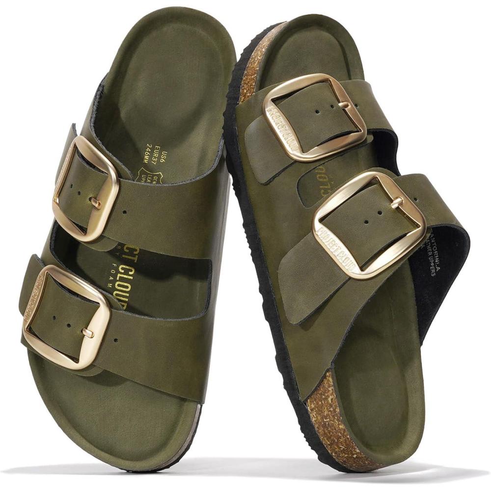 imageProject Cloud Genuine Leather Flat Sandals for Women 2025 Comfortable Beach Essentials Womens Sandals Memory Foam Vacation Essentials Slides for Women Footwear SantoriniOlive