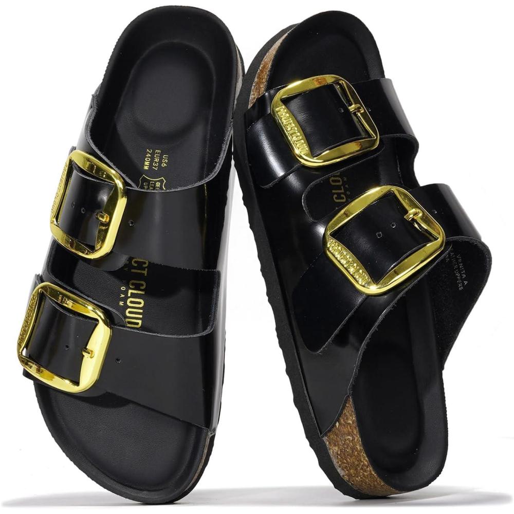 imageProject Cloud Genuine Leather Flat Sandals for Women 2025 Comfortable Beach Essentials Womens Sandals Memory Foam Vacation Essentials Slides for Women Footwear SantoriniBlack Patent