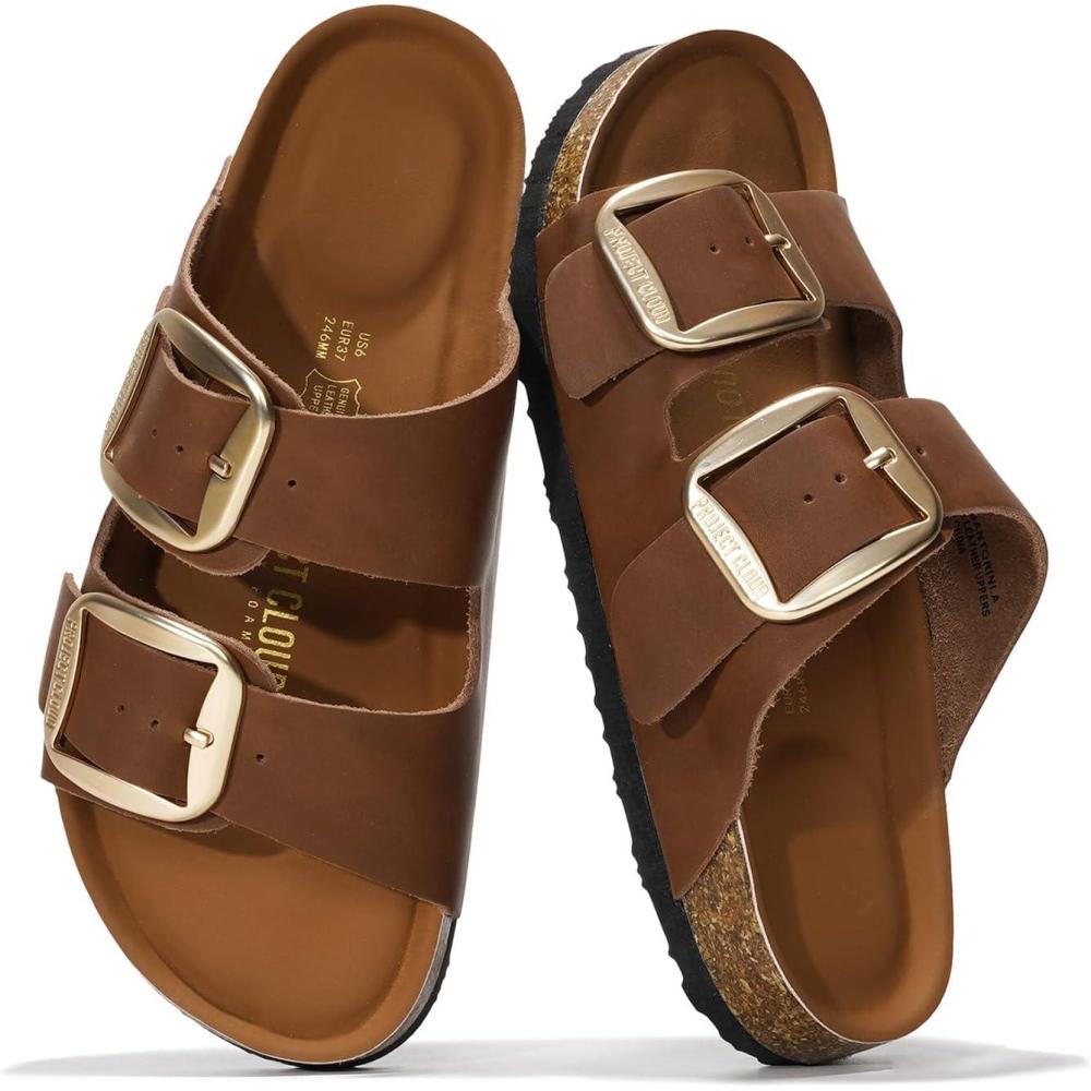 imageProject Cloud Genuine Leather Flat Sandals for Women 2025 Comfortable Beach Essentials Womens Sandals Memory Foam Vacation Essentials Slides for Women Footwear SantoriniBrown
