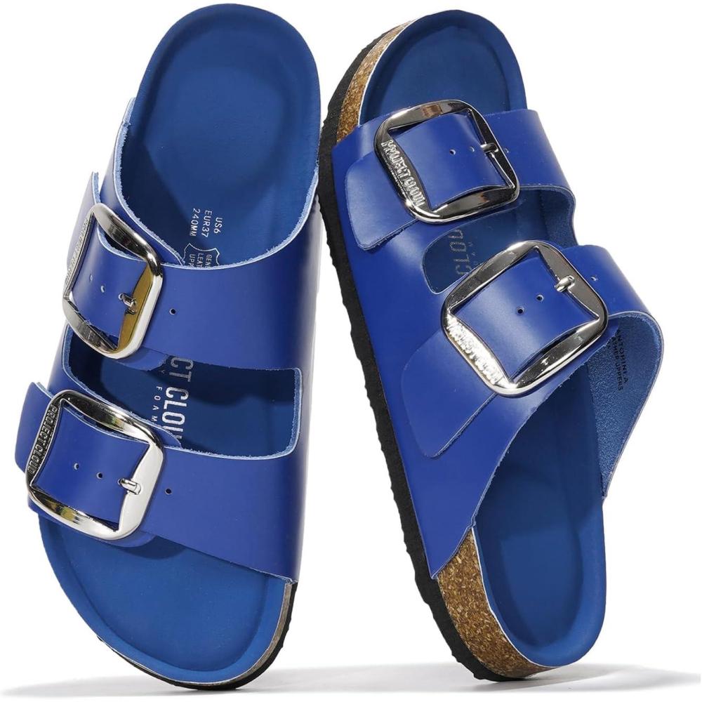 imageProject Cloud Genuine Leather Flat Sandals for Women 2025 Comfortable Beach Essentials Womens Sandals Memory Foam Vacation Essentials Slides for Women Footwear SantoriniCobalt