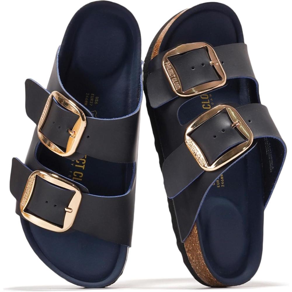 imageProject Cloud Genuine Leather Flat Sandals for Women 2025 Comfortable Beach Essentials Womens Sandals Memory Foam Vacation Essentials Slides for Women Footwear SantoriniNavy