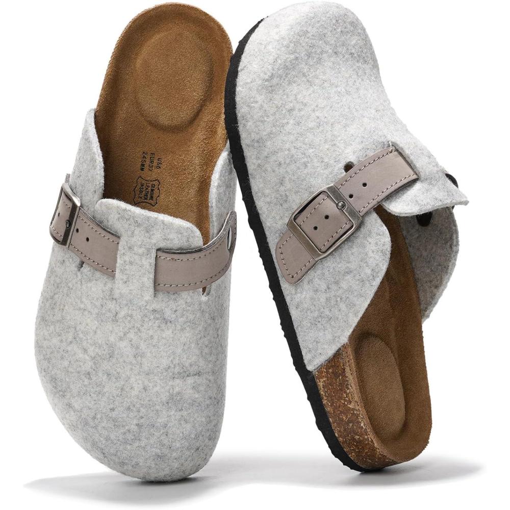 imageProject Cloud Genuine Leather Footbed Clogs for Women  Memory Foam Arch Support Slippers for Women  Trendy Slipons Womens Mules ampamp Clogs Sandals BentonLight Grey Wool