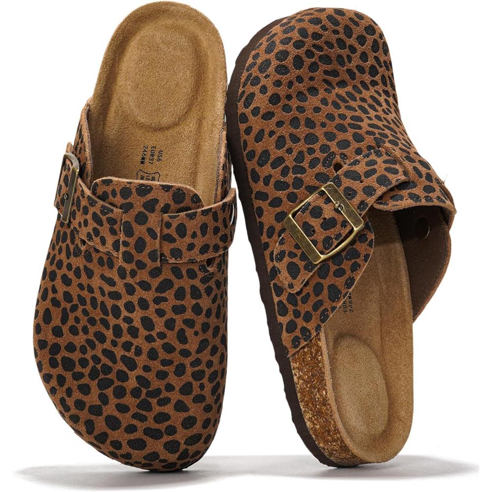 imageProject Cloud Genuine Leather Footbed Clogs for Women  Memory Foam Arch Support Slippers for Women  Trendy Slipons Womens Mules ampamp Clogs Sandals BentonDark Brown Leopard