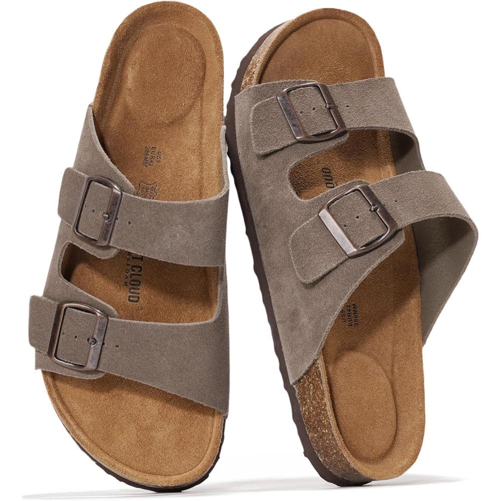 imageProject Cloud Genuine Leather Mens Sandals with Memory Foam Natural Cork Footbed Slides for Men Footwear  NonSlip DoubleStrap Buckle Summer Sandals ArizonaTaupe Suede